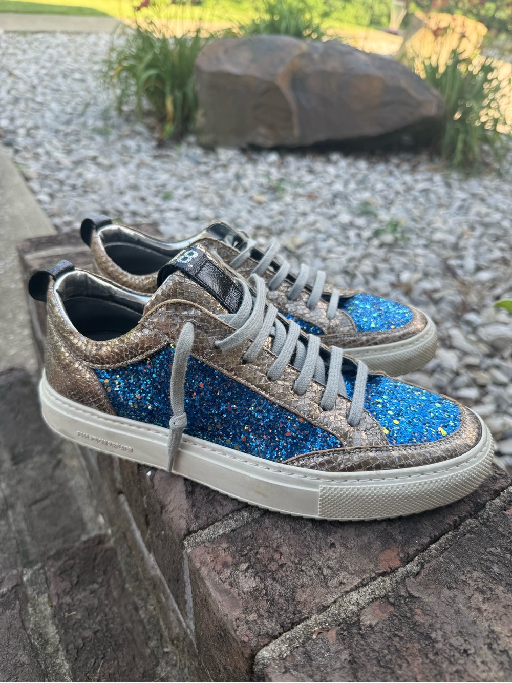 P448 Blue Glitter Low-Top Sneakers with Metallic Accents